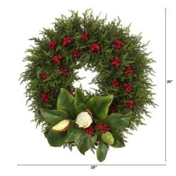 20” Cedar, Berries And Magnolia Artificial Christmas Wreath -Artificial Flowers Sale artificial 20 cedar berries and magnolia artificial christmas wreath nearly natural 110166