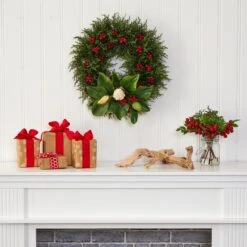 20” Cedar, Berries And Magnolia Artificial Christmas Wreath -Artificial Flowers Sale artificial 20 cedar berries and magnolia artificial christmas wreath nearly natural 478108