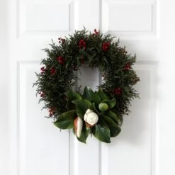 20” Cedar, Berries And Magnolia Artificial Christmas Wreath -Artificial Flowers Sale artificial 20 cedar berries and magnolia artificial christmas wreath nearly natural 686880