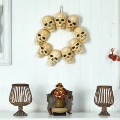 20” Halloween Skull Wreath With Lighted Eyes -Artificial Flowers Sale artificial 20 halloween skull wreath with lighted eyes nearly natural 164564