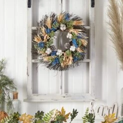 22” Autumn Cotton, Eucalyptus, Berries And Pinecones Artificial Fall Wreath -Artificial Flowers Sale artificial 22 autumn cotton eucalyptus berries and pinecones artificial fall wreath nearly natural 377085