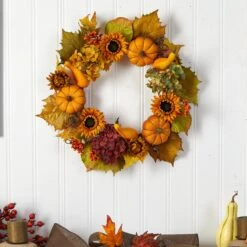 22” Autumn Hydrangea, Pumpkin And Sunflower Artificial Fall Wreath -Artificial Flowers Sale artificial 22 autumn hydrangea pumpkin and sunflower artificial fall wreath nearly natural 669707
