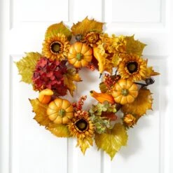 22” Autumn Hydrangea, Pumpkin And Sunflower Artificial Fall Wreath -Artificial Flowers Sale artificial 22 autumn hydrangea pumpkin and sunflower artificial fall wreath wreath nearly natural 845472