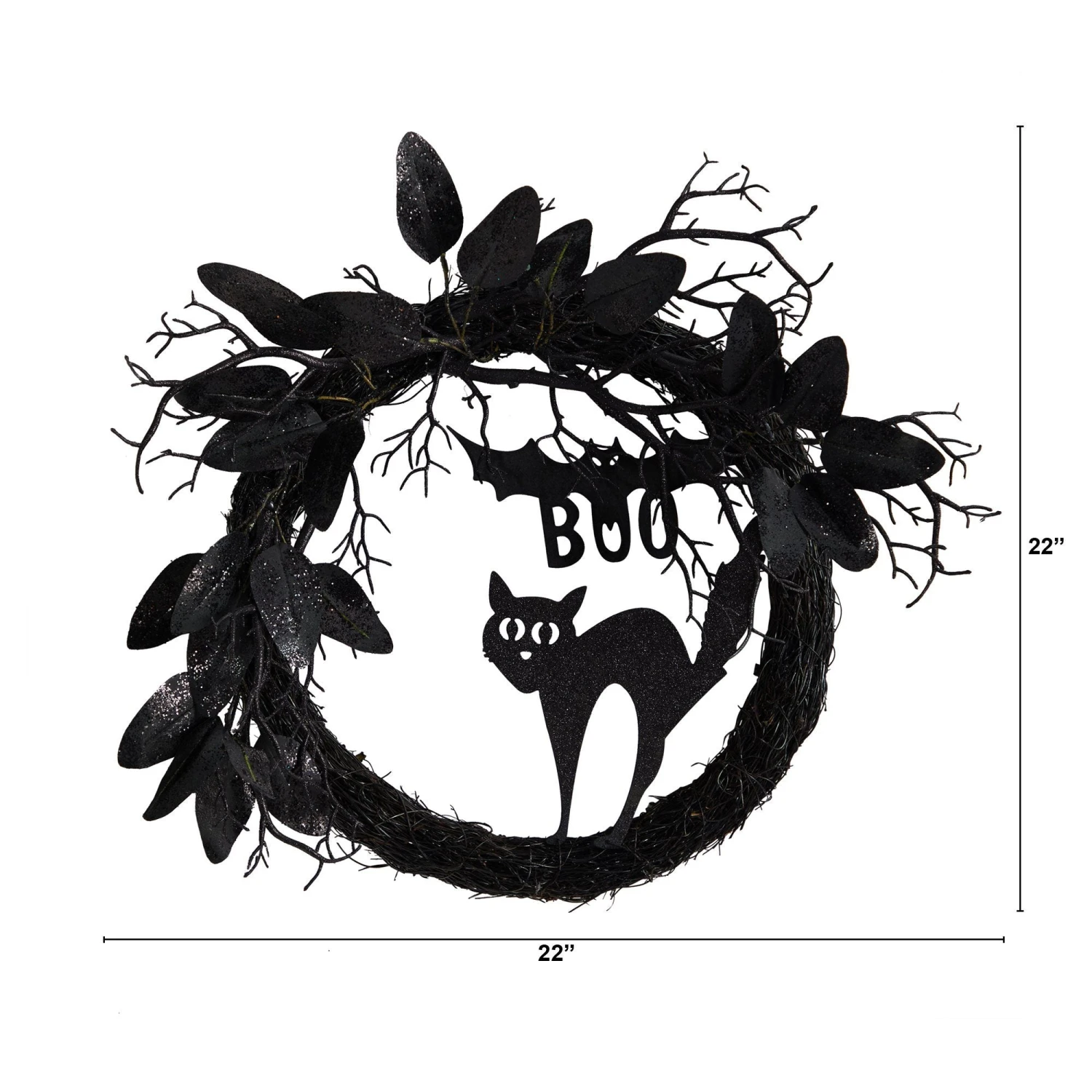22” Halloween Black Cat And Bat Boo Twig Wreath 4 22” Halloween Black Cat And Bat Boo Twig Wreath - Image 2