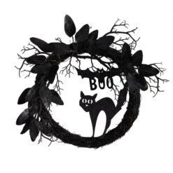22” Halloween Black Cat And Bat Boo Twig Wreath