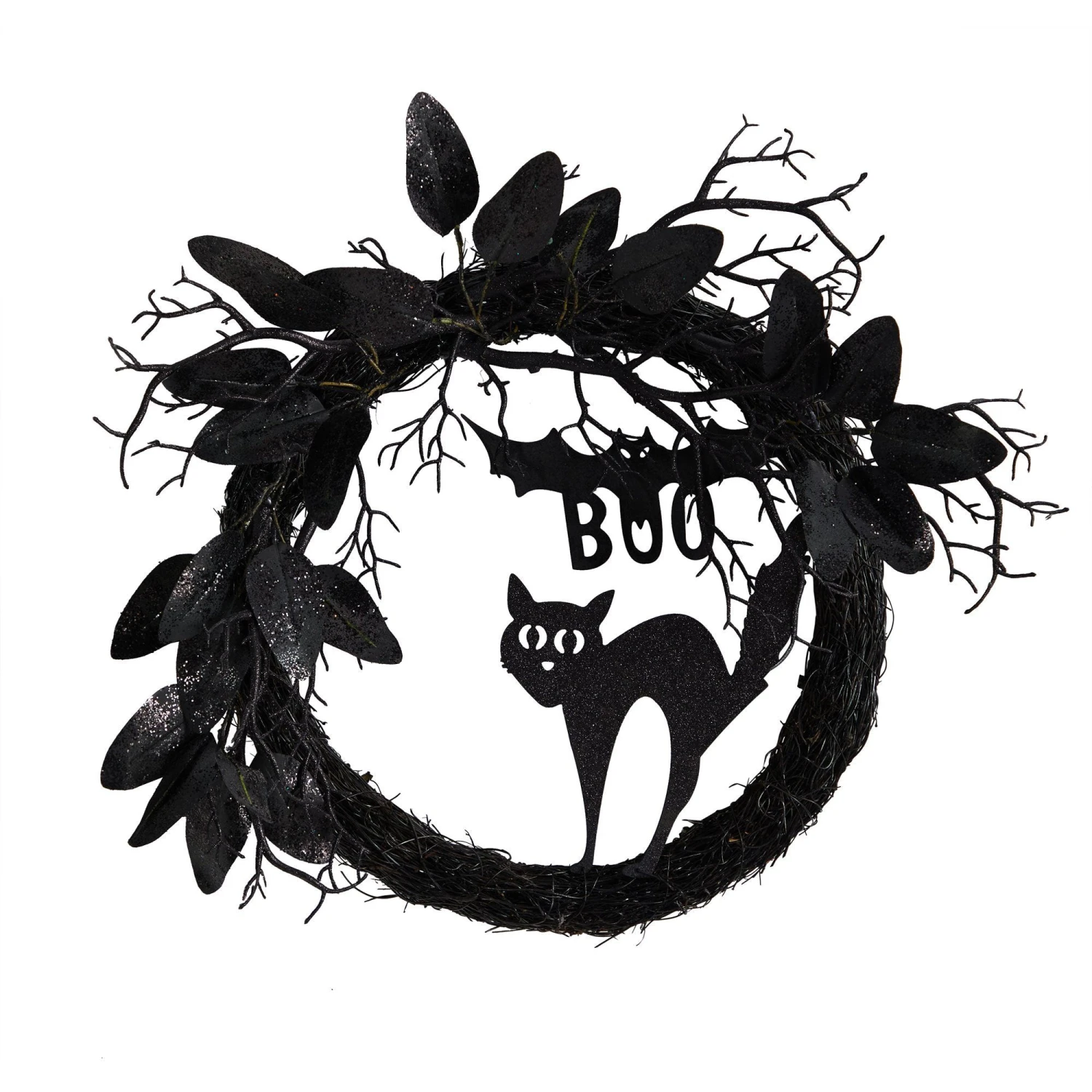 22” Halloween Black Cat And Bat Boo Twig Wreath 3 22” Halloween Black Cat And Bat Boo Twig Wreath