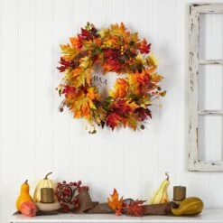 24” Autumn Maple Leaf And Berries Artificial Fall Wreath With Twig Base -Artificial Flowers Sale artificial 24 autumn maple leaf and berries artificial fall wreath with twig base nearly natural 648065