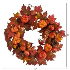 24” Autumn Maple Leaves, Pumpkin, Pinecone And Berries Artificial Fall Wreath -Artificial Flowers Sale artificial 24 autumn maple leaves pumpkin pinecone and berries artificial fall wreath nearly natural 472826