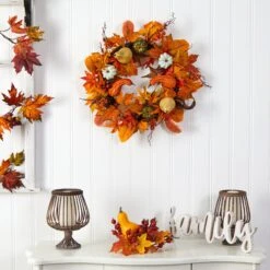24” Autumn Pumpkin, Gourd And Berries In Assorted Colors Artificial Fall Wreath -Artificial Flowers Sale artificial 24 autumn pumpkin gourd and berries in assorted colors artificial fall wreath nearly natural 322217