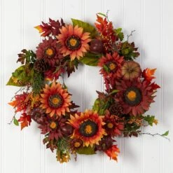 24” Autumn Sunflower, Pumpkin, Pinecone And Berries Fall Artificial Wreat -Artificial Flowers Sale artificial 24 autumn sunflower pumpkin pinecone and berries fall artificial wreath nearly natural 478889