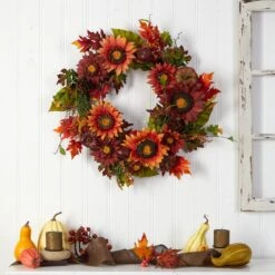24” Autumn Sunflower, Pumpkin, Pinecone And Berries Fall Artificial Wreat -Artificial Flowers Sale artificial 24 autumn sunflower pumpkin pinecone and berries fall artificial wreath nearly natural 892310