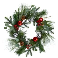 24” Berry And Pinecone Artificial Christmas Wreath With Ornaments
