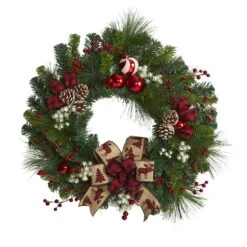 24” Christmas Pine Artificial Wreath With Pine Cones And Ornaments
