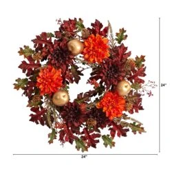 24” Fall Dahlia, Golden Apple, Oak Leaf And Berries Autumn Artificial Wreath -Artificial Flowers Sale artificial 24 fall dahlia golden apple oak leaf and berries autumn artificial wreath nearly natural 996083