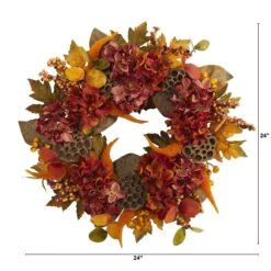 24” Fall Hydrangea, Lotus And Berries Artificial Wreath -Artificial Flowers Sale artificial 24 fall hydrangea lotus and berries artificial wreath nearly natural 481755