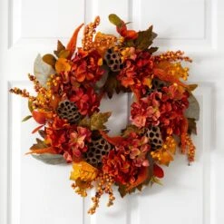 24” Fall Hydrangea, Lotus And Berries Artificial Wreath -Artificial Flowers Sale artificial 24 fall hydrangea lotus and berries artificial wreath wreath nearly natural 665110