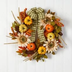 24” Fall Pumpkin, Sunflower Artificial Autumn Wreath With Decorative Ribbon 11 24” Fall Pumpkin, Sunflower Artificial Autumn Wreath With Decorative Ribbon -Artificial Flowers Sale artificial 24 fall pumpkin sunflower artificial autumn wreath with decorative ribbon nearly natural 550304