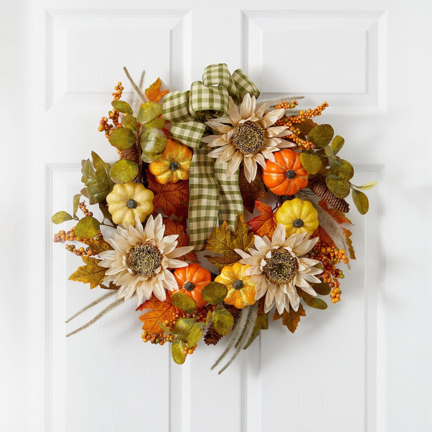 24” Fall Pumpkin, Sunflower Artificial Autumn Wreath With Decorative Ribbon 4 24” Fall Pumpkin, Sunflower Artificial Autumn Wreath With Decorative Ribbon - Image 2