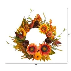 24” Fall Sunflower, Pumpkin, Gourds, Pinecone And Berries Autumn Artificial Wreath -Artificial Flowers Sale artificial 24 fall sunflower pumpkin gourds pinecone and berries autumn artificial wreath nearly natural 463642