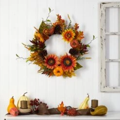 24” Fall Sunflower, Pumpkin, Gourds, Pinecone And Berries Autumn Artificial Wreath -Artificial Flowers Sale artificial 24 fall sunflower pumpkin gourds pinecone and berries autumn artificial wreath nearly natural 866674
