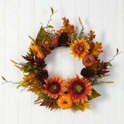 24” Fall Sunflower, Pumpkin, Gourds, Pinecone And Berries Autumn Artificial Wreath -Artificial Flowers Sale artificial 24 fall sunflower pumpkin gourds pinecone and berries autumn artificial wreath nearly natural 917343