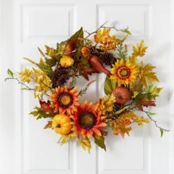 24” Fall Sunflower, Pumpkin, Gourds, Pinecone And Berries Autumn Artificial Wreath -Artificial Flowers Sale artificial 24 fall sunflower pumpkin gourds pinecone and berries autumn artificial wreath wreath nearly natural 487421