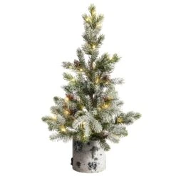 24” Flocked Artificial Christmas Tree In Decorative Birch Bark Planter