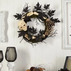 24" Halloween Skull And Bones Wreath" -Artificial Flowers Sale artificial 24 halloween skull and bones wreath nearly natural 327481