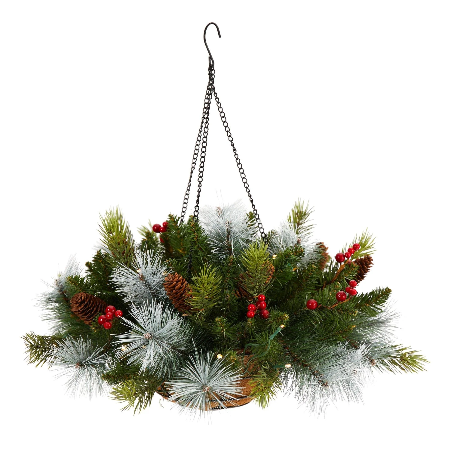 24" Holiday Pre-Lit (30 LED Lights) Pine And Berries Hanging Basket" 3 24" Holiday Pre-Lit (30 LED Lights) Pine And Berries Hanging Basket"