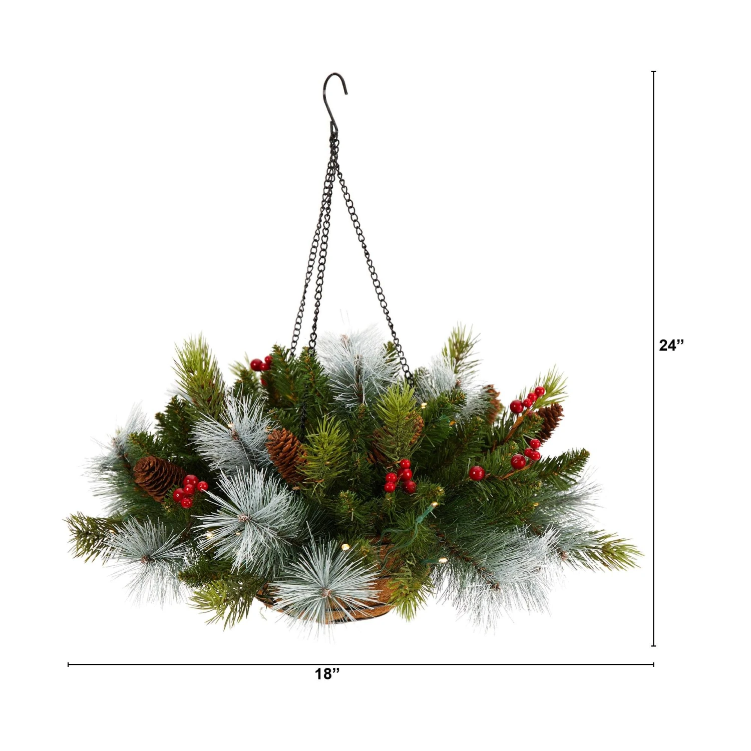 24" Holiday Pre-Lit (30 LED Lights) Pine And Berries Hanging Basket" 4 24" Holiday Pre-Lit (30 LED Lights) Pine And Berries Hanging Basket" - Image 2