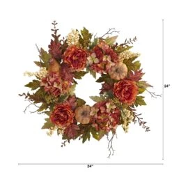 24” Peony, Hydrangea And Pumpkin Fall Artificial Wreath -Artificial Flowers Sale artificial 24 peony hydrangea and pumpkin fall artificial wreath nearly natural 523411