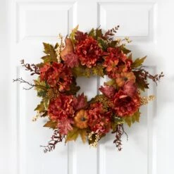 24” Peony, Hydrangea And Pumpkin Fall Artificial Wreath -Artificial Flowers Sale artificial 24 peony hydrangea and pumpkin fall artificial wreath wreath nearly natural 246964