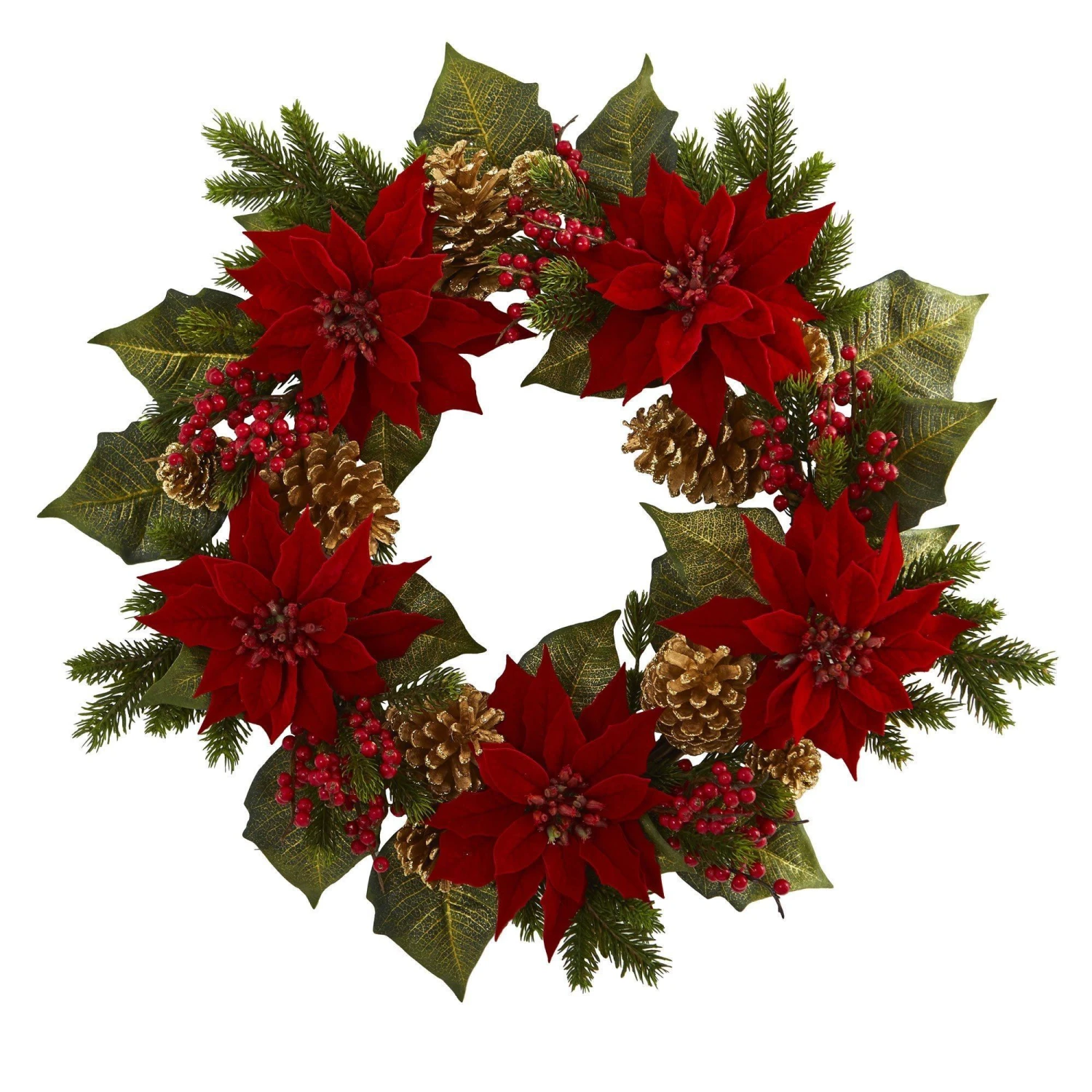 24” Poinsettia, Berry And Golden Pine Cone Artificial Wreath 3 24” Poinsettia, Berry And Golden Pine Cone Artificial Wreath