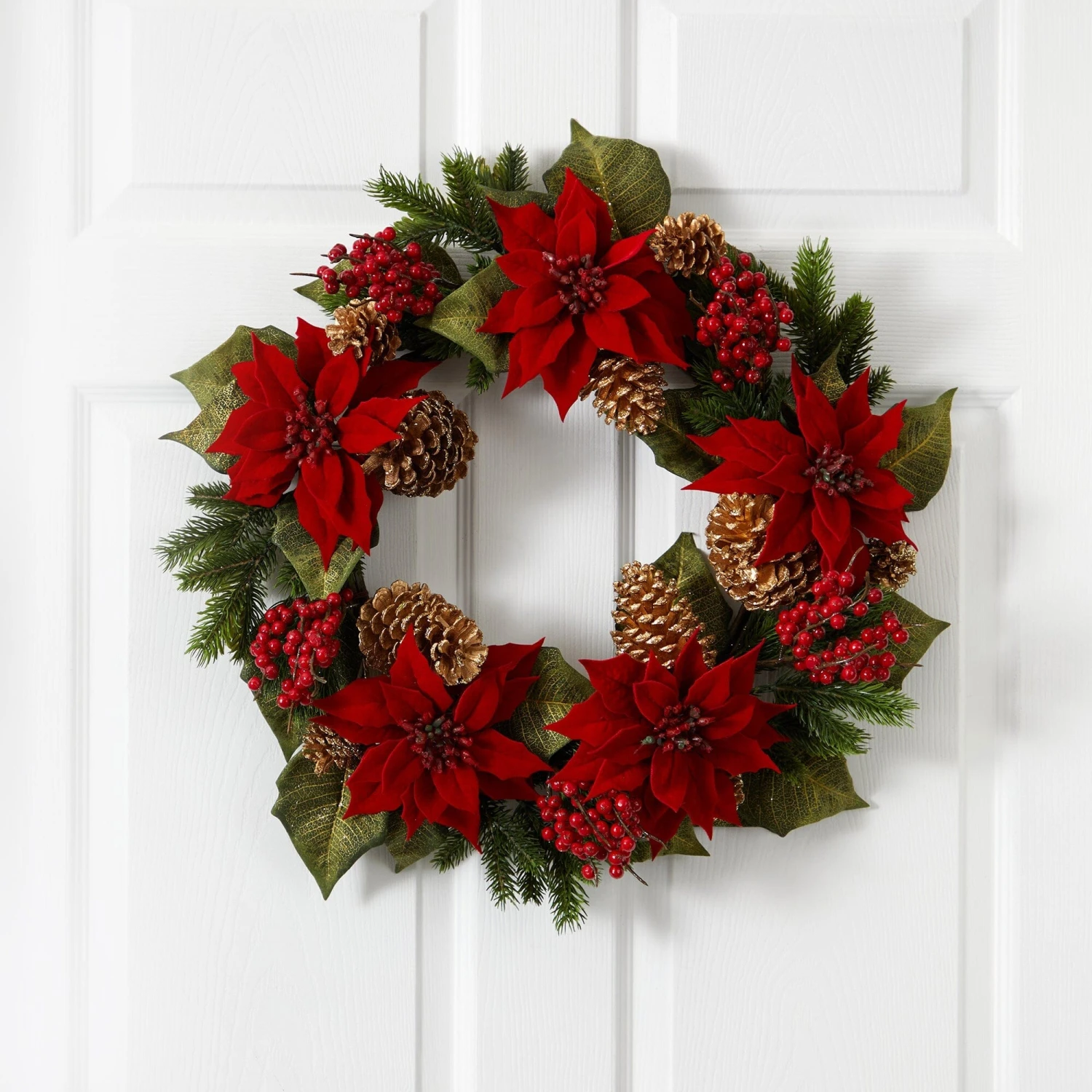 24” Poinsettia, Berry And Golden Pine Cone Artificial Wreath 4 24” Poinsettia, Berry And Golden Pine Cone Artificial Wreath - Image 2
