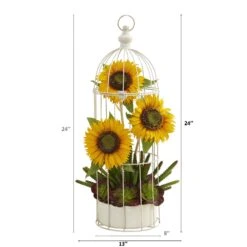 24” Sunflower, Cactus And Echeveria Artificial Arrangement In Decorative Cage -Artificial Flowers Sale artificial 24 sunflower cactus and echeveria artificial arrangement in decorative cage nearly natural 647394