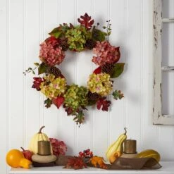 25” Autumn Hydrangea And Pinecones Fall Artificial Wreath -Artificial Flowers Sale artificial 25 autumn hydrangea and pinecones fall artificial wreath nearly natural 828152