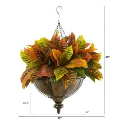 26” Garden Croton Artificial Plant In Hanging Metal Bowl (Real Touch) -Artificial Flowers Sale artificial 26 garden croton artificial plant in hanging metal bowl real touch nearly natural 157559