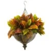 26” Garden Croton Artificial Plant In Hanging Metal Bowl (Real Touch) -Artificial Flowers Sale artificial 26 garden croton artificial plant in hanging metal bowl real touch nearly natural 451372