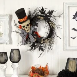 26" Halloween Dapper Skeleton Wreath" -Artificial Flowers Sale artificial 26 halloween dapper skeleton wreath nearly natural 784722