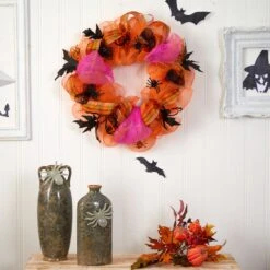 26" Halloween Spider Mesh Wreath" -Artificial Flowers Sale artificial 26 halloween spider mesh wreath nearly natural 958985