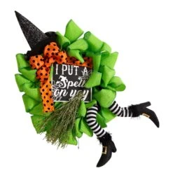 26" Halloween Witch Broom And Hat Mesh Wreath"