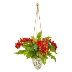 26” Phalaenopsis Orchid And Fern Plant In Hanging Vase -Artificial Flowers Sale artificial 26 phalaenopsis orchid and fern plant in hanging vase nearly natural orange 115217