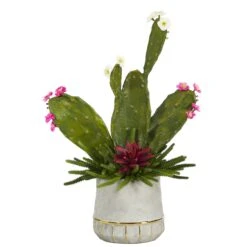27” Cactus And Succulent Artificial Plant In Stoneware Planter With Gold Trimming