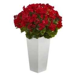 27” Geranium Artificial Plant In White Planter UV Resistant (Indoor/Outdoor) -Artificial Flowers Sale artificial 27 geranium artificial plant in white planter uv resistant indooroutdoor nearly natural red 564448