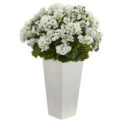 27” Geranium Artificial Plant In White Planter UV Resistant (Indoor/Outdoor) -Artificial Flowers Sale artificial 27 geranium artificial plant in white planter uv resistant indooroutdoor nearly natural white 918564