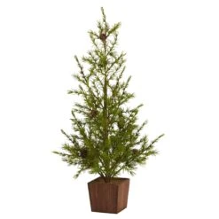 28” Alpine “Natural Look” Artificial Christmas Tree In Wood Planter With Pine Cones