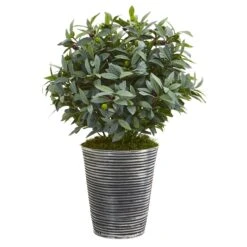 28” Olive With Berries Artificial Plant In Tin Planter With Black Pattern