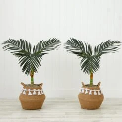 3' Artificial Golden Cane Palm Tree With Handmade Jute & Cotton Basket With Tassels DIY KIT - Set Of 2 -Artificial Flowers Sale artificial 3 artificial golden cane palm tree with handmade jute cotton basket with tassels diy kit set of 2 plant in planter nearly natural 651372