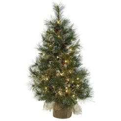 3’ Christmas Tree W/Clear Lights, Frosted Tips, Pine Cones & Burlap Bag