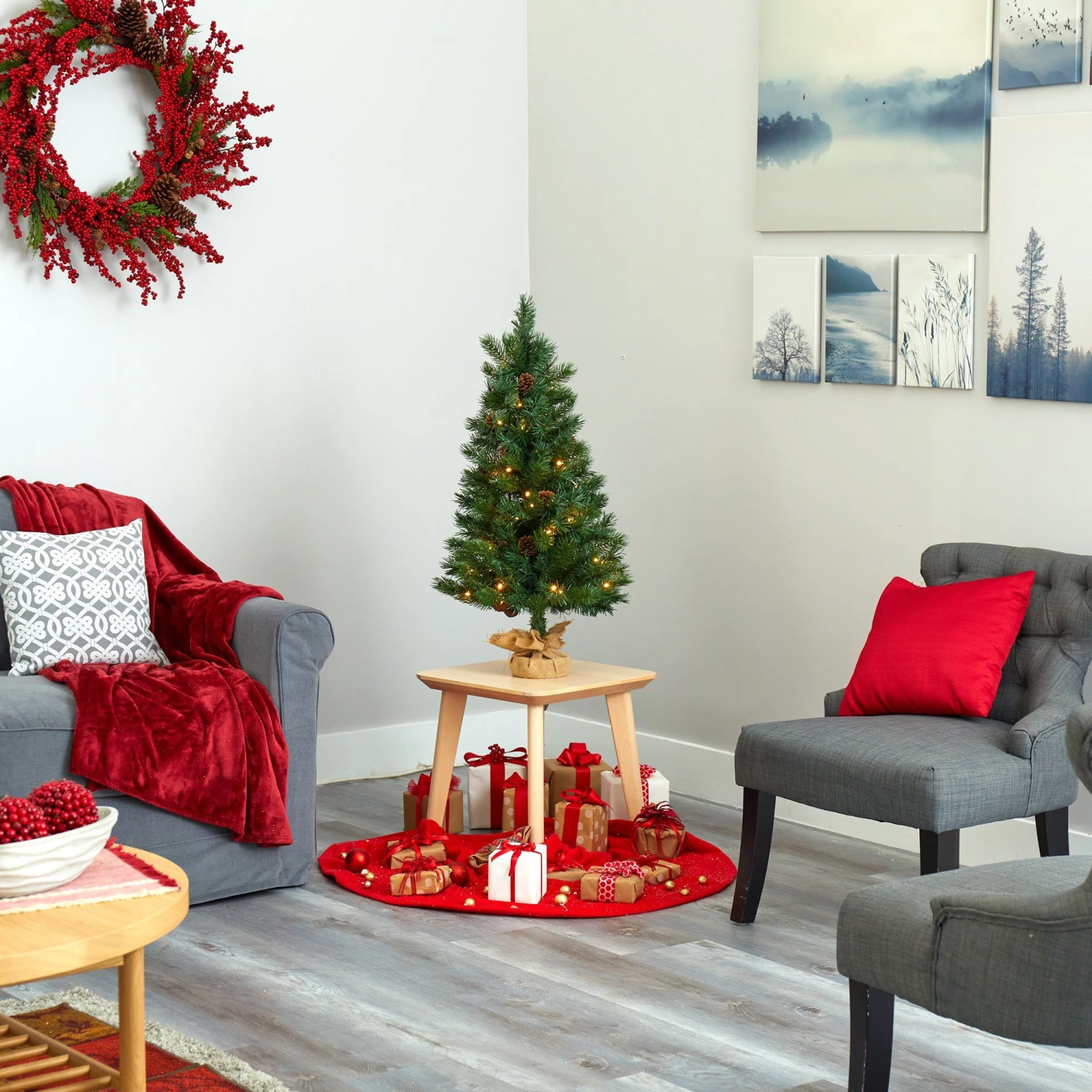 3’ Fraser Fir “Natural Look” Artificial Christmas Tree With 50 Clear LED Lights, Pinecones, A Burlap Base And 90 Bendable Branches 8 3’ Fraser Fir “Natural Look” Artificial Christmas Tree With 50 Clear LED Lights, Pinecones, A Burlap Base And 90 Bendable Branches - Image 6